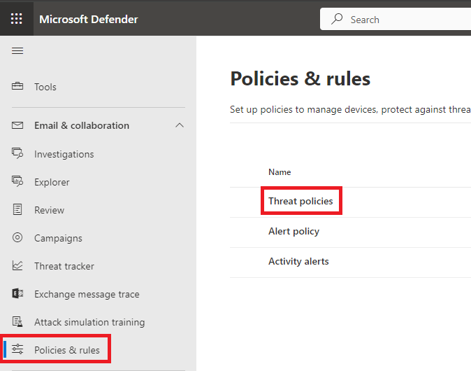 threat policies in Microsoft Defender