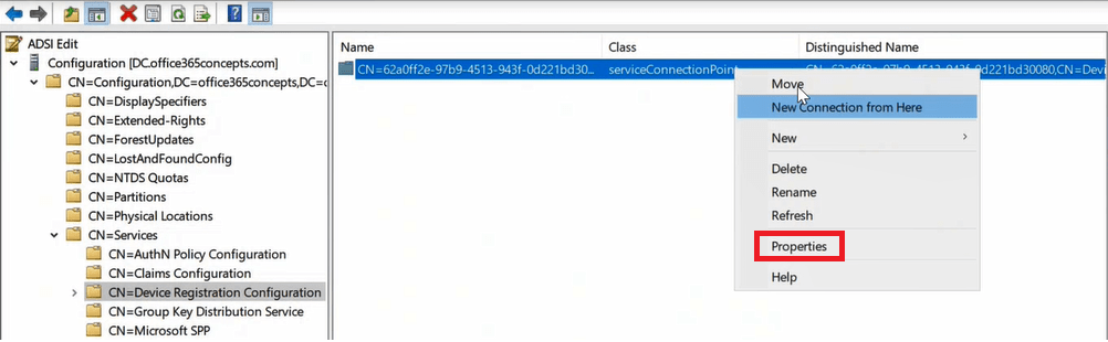 view service connection point properties in active directory