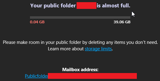 your public folder is almost full error in office 365