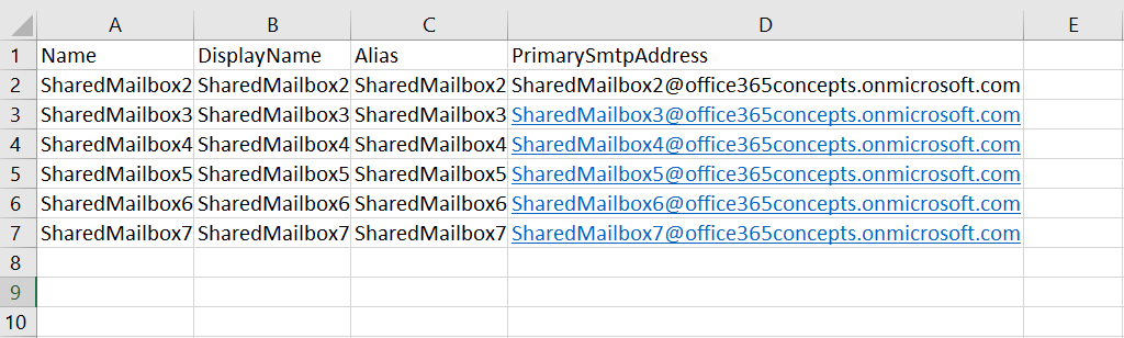 Bulk create shared mailboxes using CSV files