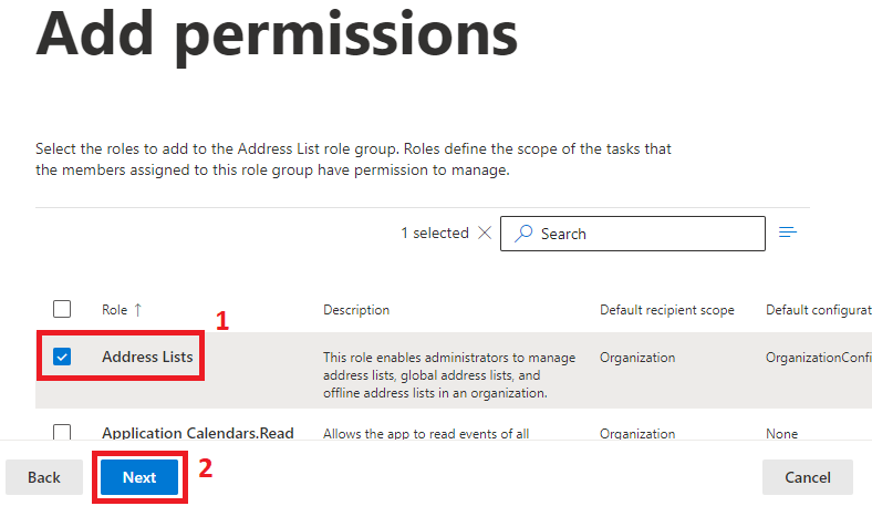add Address Lists permissions in role group