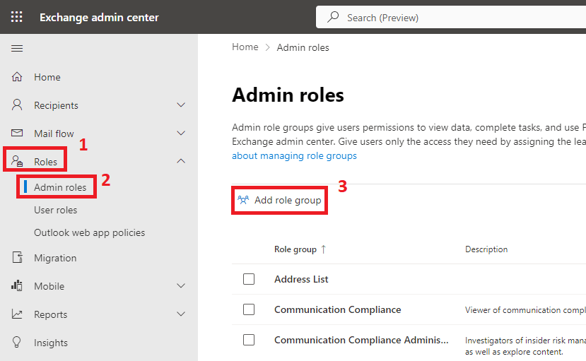 create RBAC group in exchange admin center