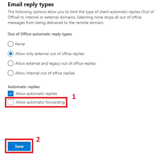 disable allow automatic forwarding