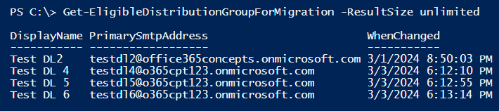 powershell command to get All Distribution Lists eligible for Upgrade