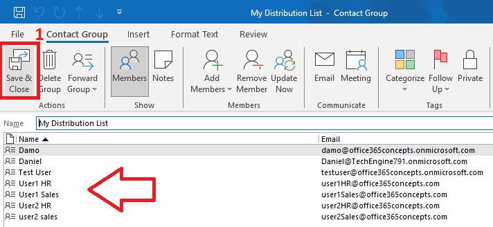 users in outlook contacts group