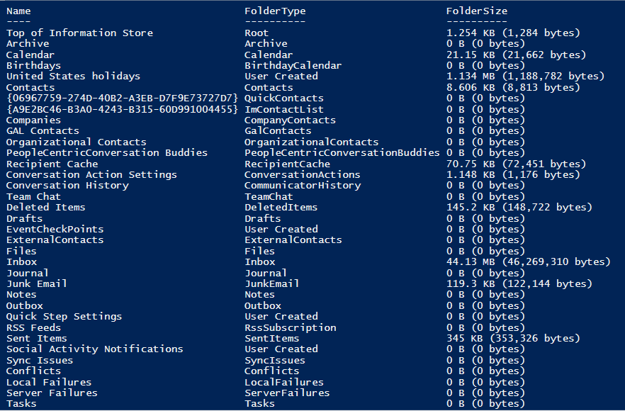 Get mailbox folder size for 1 mailbox