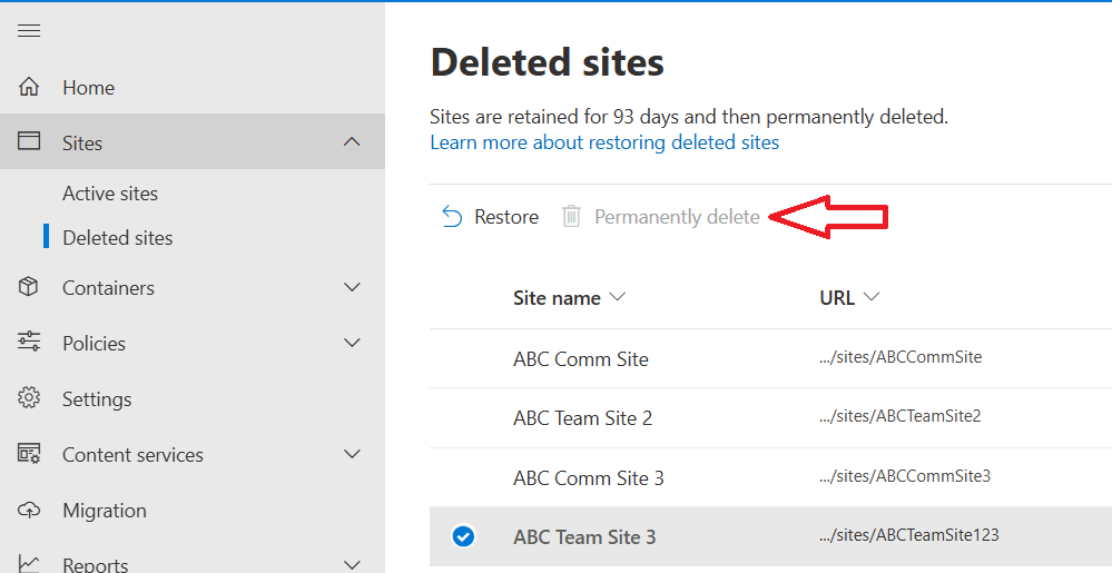 delete team site